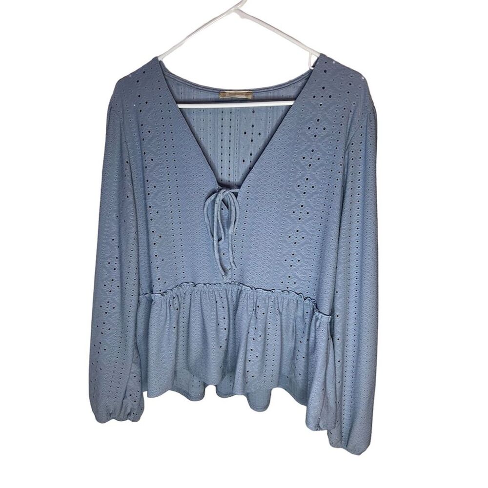 Altar'd State Women's Blue Eyelet Peplum Blouse Size L Long Sleeve